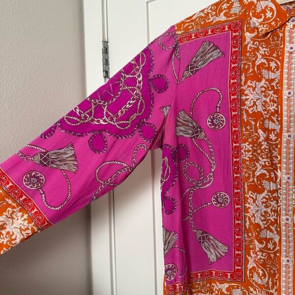 Maeve Anthropologie Potala Blouse Sz 8 Pink Orange Scarf Print Silk Button Up - Picture 5 of 12